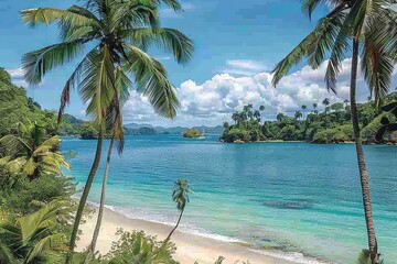 Tropical Beach With Palm Trees and Blue Water
