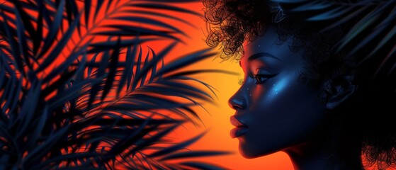 Female abstract profile portrait. Beautiful African American, in the background a large tropical leaf. Valentine's day, international women's day, mother's day modern design.
