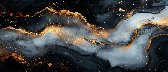 The elegance of liquid black, white, and golden marble textures. Hand-drawn ink painting background. Elegant gold lines and veins. Trendy background for posters, textures.