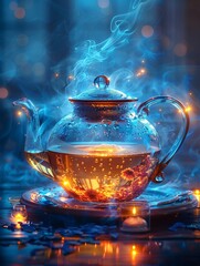 Tea Set basks in the glow of Illumination - obrazy, fototapety, plakaty