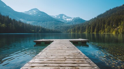 lake in mountains with wooden pier