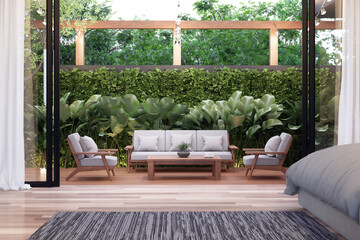 Modern contemporary wooden terrace of bedroom with green nature fence background 3d render view from inside overlooking wooden furniture for relaxation