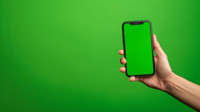A close-up image of a hand holding a smartphone with a green screen for easy customization and app promotion