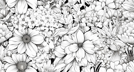 A detailed black and white ink drawing of various types of flowers