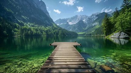 Deurstickers lake in mountains with wooden pier © Spyrydon
