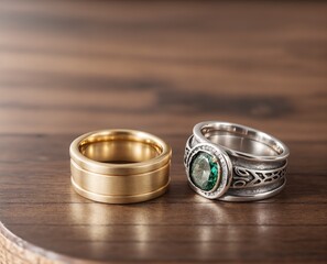 Two rings, one in gold and the other in silver, sitting on a wooden surface.