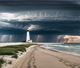 A lighthouse on a sandy beach with a stormy sky in the background.