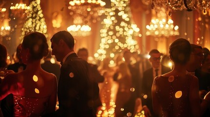 A festive holiday party in full swing, with guests dressed in their finest attire, dancing and laughing amidst a backdrop of twinkling lights and elegant decorations, celebrating the joy and spirit of