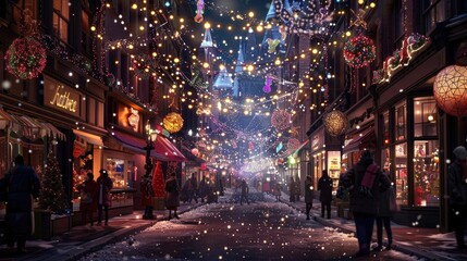 A festive holiday shopping scene, with bustling city streets adorned with twinkling lights and...