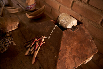 Traditional bobbin loom, used for handmade lace weaving. 