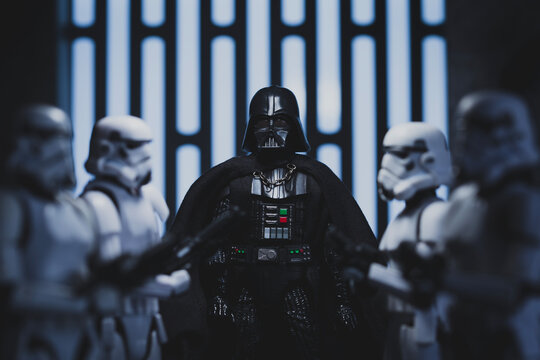 NEW YORK USA, APR 9 2024: Star Wars Sith lord Darth Vader and Stormtroopers - Hasbro action figures