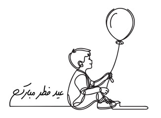 Translation Wish you Happy Eid in the Arabic language handwritten calligraphy greeting card design continuous line drawing kid with balloon