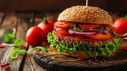 A healthy fast food option: a vegan rye burger topped with fresh vegetables, presented on an old...