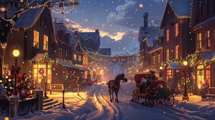 A festive holiday sleigh ride through a charming village scene, with a horse-drawn sleigh gliding past decorated storefronts and twinkling lights, spreading joy and holiday cheer to all who pass by. - obrazy, fototapety, plakaty