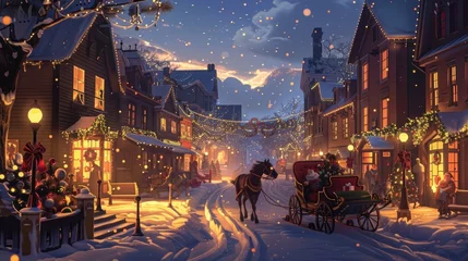 Fotobehang A festive holiday sleigh ride through a charming village scene, with a horse-drawn sleigh gliding past decorated storefronts and twinkling lights, spreading joy and holiday cheer to all who pass by. © Sardar
