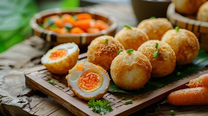 Kue pastel, a traditional savory snack from Indonesia, filled with carrots, potatoes, and egg, featuring selective focus.