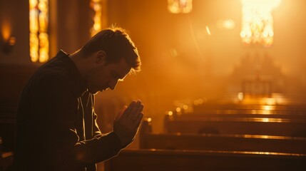 Christian catholic man prey in church wallpaper background