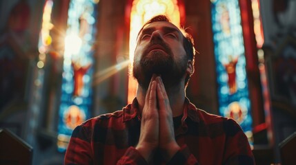 Christian catholic man prey in church wallpaper background