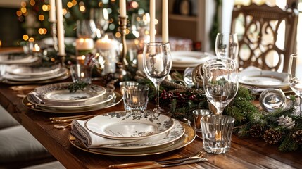 A festive holiday table set with elegant dinnerware and sparkling glassware, adorned with seasonal decorations and flickering candlelight, ready to welcome guests for a lavish holiday feast. - obrazy, fototapety, plakaty