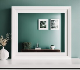 A white framed mirror with a reflection of a room in the background. - obrazy, fototapety, plakaty