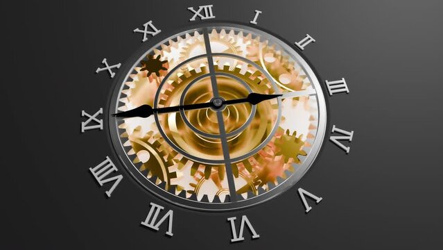 This is a clock with Roman letters written on it as the gold gears rotate. The use of strong lights inside creates a mysterious feeling. Looping 3d Animation