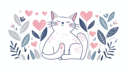 Cat kitten. Cute funny hand drawn animal with hearts 