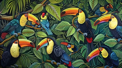 Wandcirkels aluminium A flock of colorful toucans, their vibrant beaks contrasting against the lush greenery of the tropical rainforest as they flit between branches in search of fruit. © Sardar