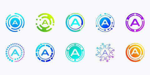 Collection of creative modern digital technology letter A logos. logo can be used for technology, digital, connection, data, electricity companies.