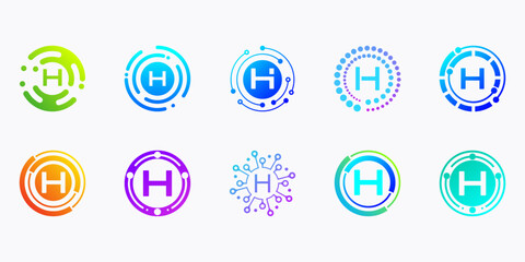 Collection of creative modern digital technology letter H logos. logo can be used for technology, digital, connection, data, electricity companies.