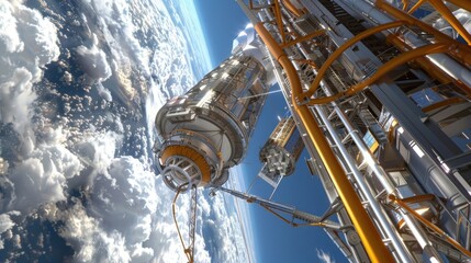 A futuristic space elevator, connecting Earth to space with a tethered structure and advanced propulsion systems for cost-effective and efficient transportation of goods and passengers. - obrazy, fototapety, plakaty