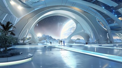 A futuristic space tourism terminal, providing launch facilities and passenger accommodations for...