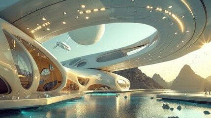 A futuristic space tourism terminal, providing launch facilities and passenger accommodations for commercial space travel with luxury amenities and zero-gravity experiences for affluent space tourists - obrazy, fototapety, plakaty
