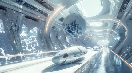 A futuristic space tourism terminal, providing launch facilities and passenger accommodations for commercial space travel with luxury amenities and zero-gravity experiences for affluent space tourists - obrazy, fototapety, plakaty