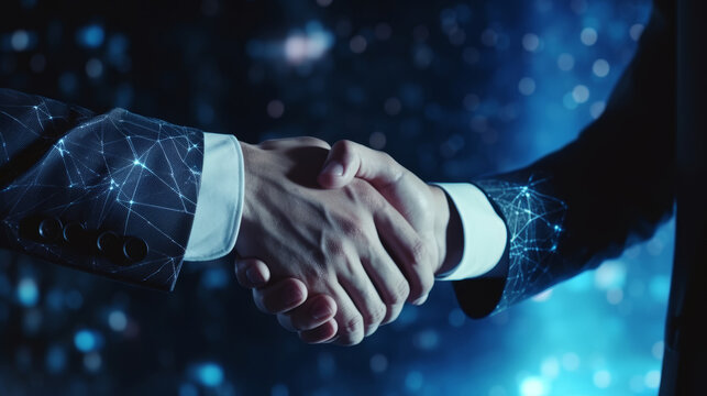 Two businessmen in black suits shaking hands with digital intertwined networks on dark grey and blue technological futuristic facility or office with bokeh lights background. Futurist handshake.