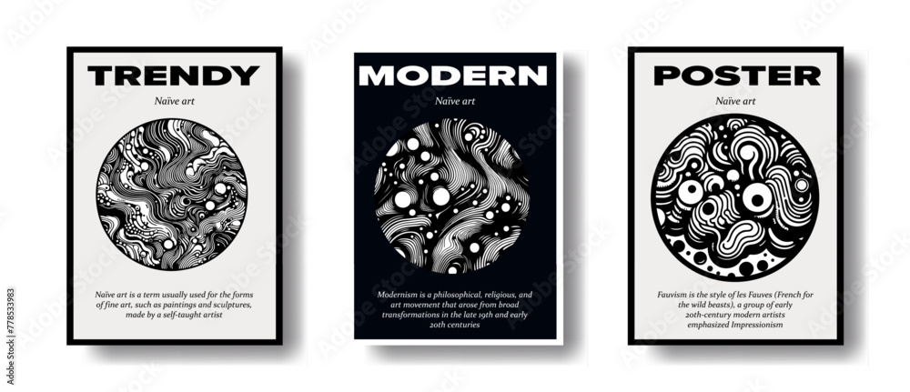 Poster set of abstract art posters with swirling texture of ink blots.