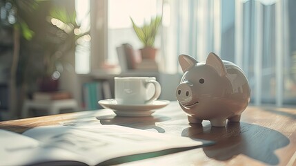 Piggy bank standing on office business table wallpaper background