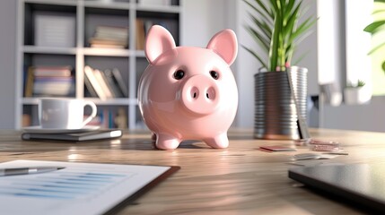 Piggy bank standing on office business table wallpaper background