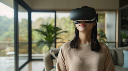 Woman with virtual reality glasses at home