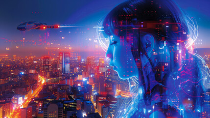 Cyberpunk woman hologram, cyberpunk advertising concept