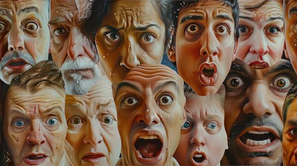 A gallery of diverse facial expressions, capturing the universal language of emotion that connects people across languages and cultures. - obrazy, fototapety, plakaty