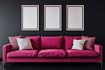 A modern Scandinavian living room with a fuchsia sofa against a jet black wall. Four blank empty mock-up poster frames in a glossy white finish 