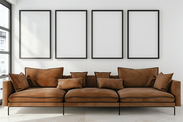 A spacious Scandinavian living room with a caramel brown sofa set against a soft white wall. Four blank empty mock-up poster frames