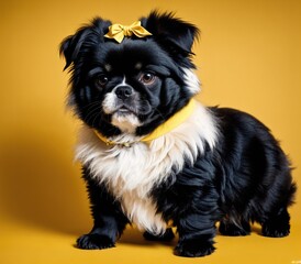 A small black and white dog with a pink bow on its collar standing on a yellow background.
