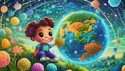 OIL PAINTING STYLE CARTOON CHARACTER CUTE baby global internet work.World map,