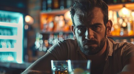 Sad drunk man sitting in bar and drink. Life problems concept