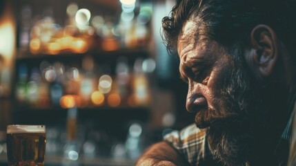 Sad drunk man sitting in bar and drink. Life problems concept - obrazy, fototapety, plakaty