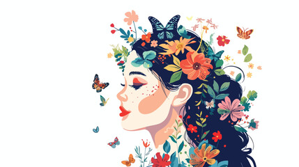 Girl With Flowers And Butterflies Botanical print