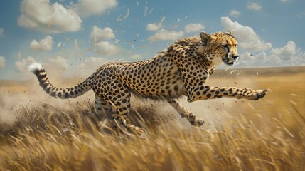 A graceful cheetah, its sleek body stretched out in a full sprint as it races across the African...