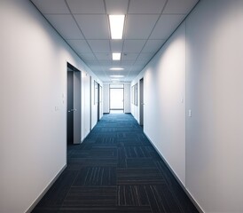 An empty corridor with white walls and gray carpet.