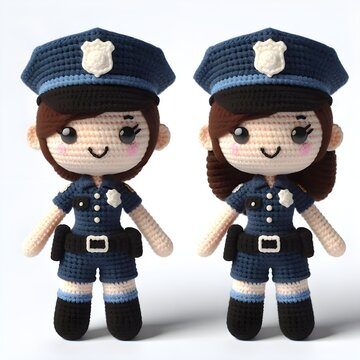 Ai Generated Crochet doll a Police cute excited funny smiling wearing uniform and equipment, is standing, 3d render